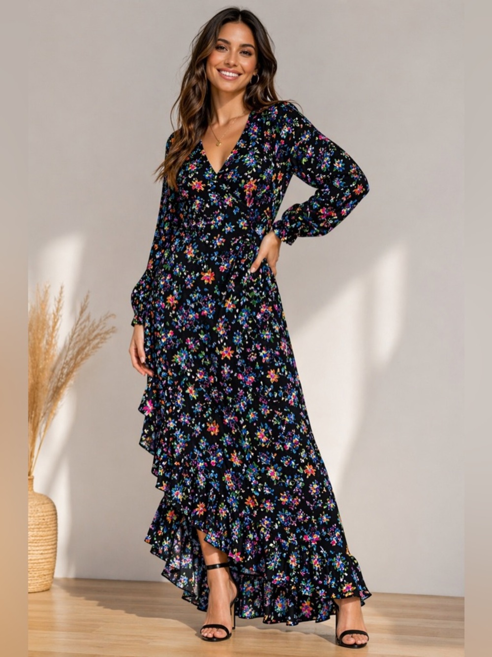 Walter Baker Black Floral Asymmetric Ruffle Maxi Dress